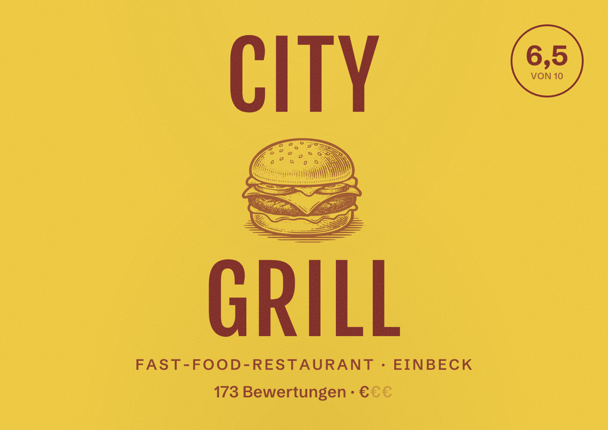 Illustriertes Poster von City Grill, Fast-Food-Restaurant in Einbeck: Bewertung 6,5 von 10 aus 173 Bewertungen, Preisniveau €