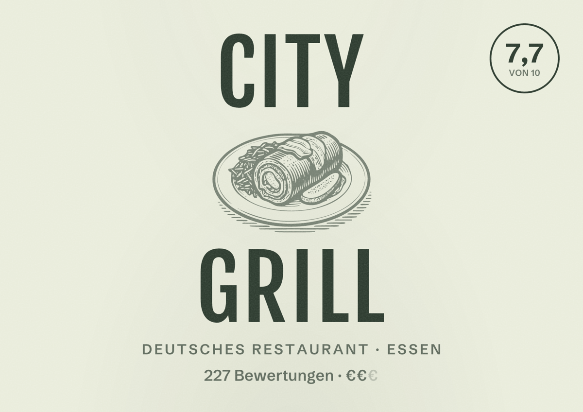Illustriertes Poster von City Grill, Deutsches Restaurant in Essen: Bewertung 7,7 von 10 aus 227 Bewertungen, Preisniveau €€