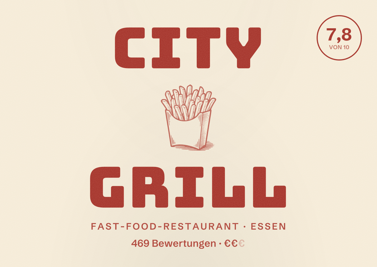 Illustriertes Poster von City Grill, Fast-Food-Restaurant in Essen: Bewertung 7,8 von 10 aus 469 Bewertungen, Preisniveau €€