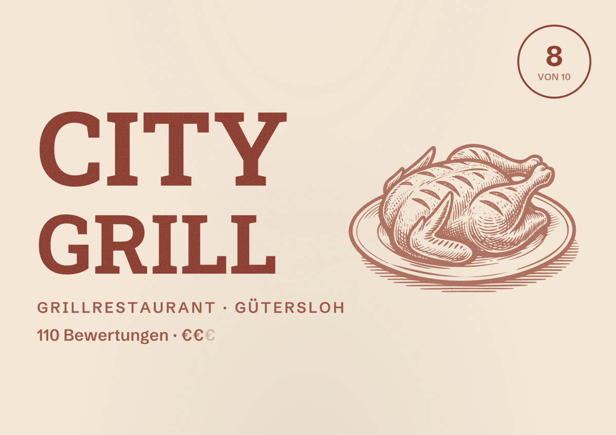 Illustriertes Poster von City Grill, Grillrestaurant in Gütersloh: Bewertung 8 von 10 aus 110 Bewertungen, Preisniveau €€