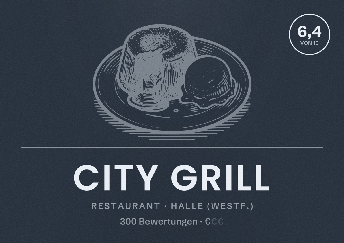 Illustriertes Poster von City Grill, Restaurant in Halle (Westf.): Bewertung 6,4 von 10 aus 300 Bewertungen, Preisniveau €