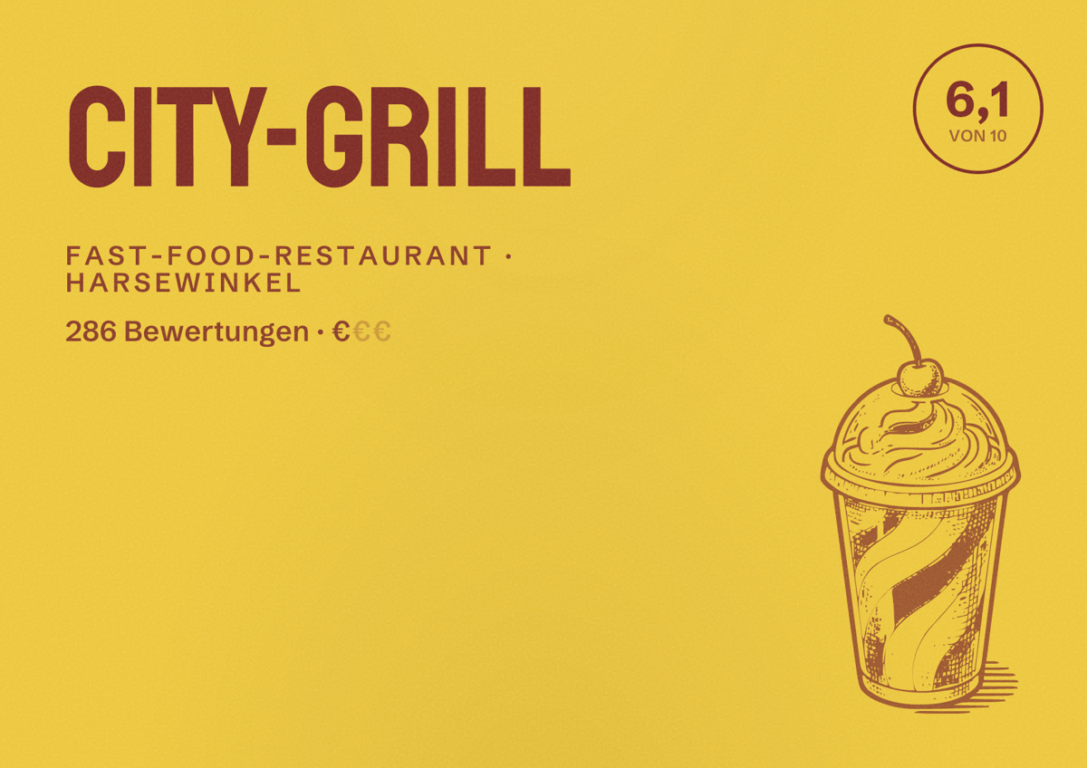Illustriertes Poster von City-Grill, Fast-Food-Restaurant in Harsewinkel: Bewertung 6,1 von 10 aus 286 Bewertungen, Preisniveau €
