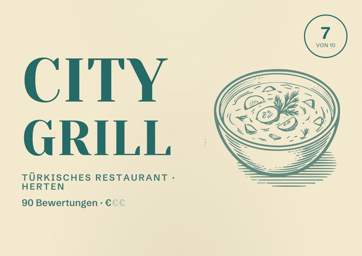 Illustriertes Poster von City Grill, Türkisches Restaurant in Herten: Bewertung 7 von 10 aus 90 Bewertungen, Preisniveau €