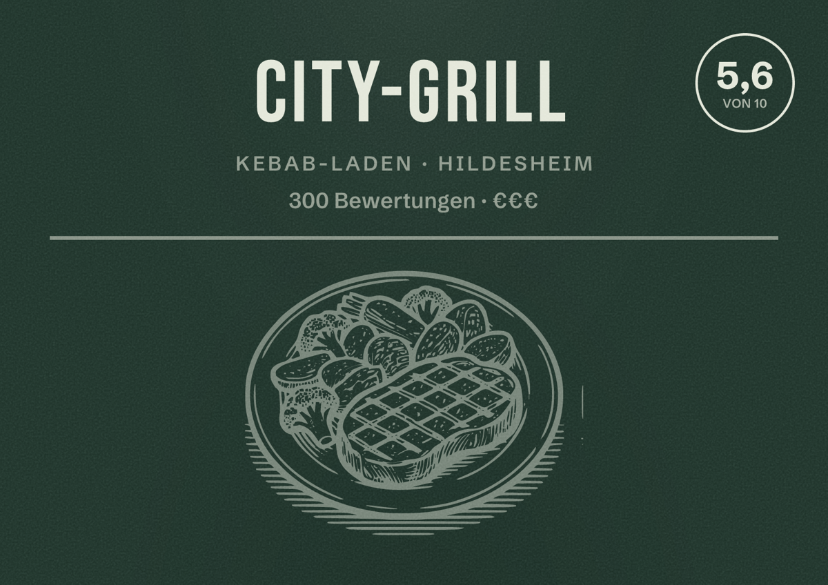 Illustriertes Poster von City-Grill, Kebab-Laden in Hildesheim: Bewertung 5,6 von 10 aus 300 Bewertungen, Preisniveau €€€