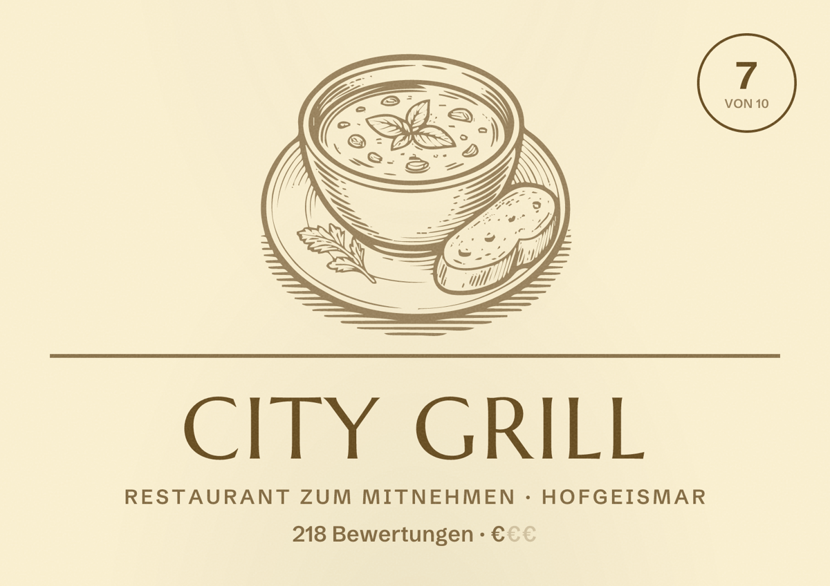 Illustriertes Poster von City Grill, Restaurant zum Mitnehmen in Hofgeismar: Bewertung 7 von 10 aus 218 Bewertungen, Preisniveau €
