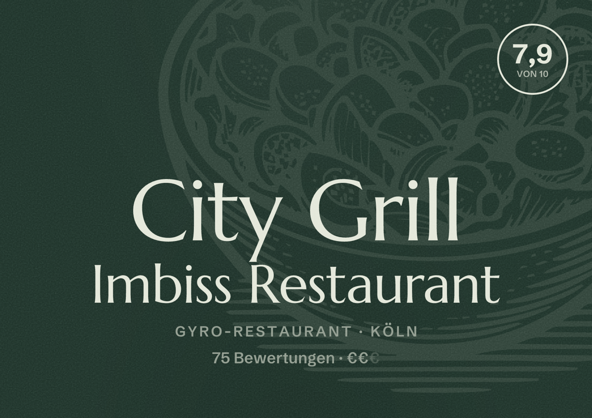 Illustriertes Poster von City Grill Imbiss Restaurant, Gyro-Restaurant in Köln: Bewertung 7,9 von 10 aus 75 Bewertungen, Preisniveau €€