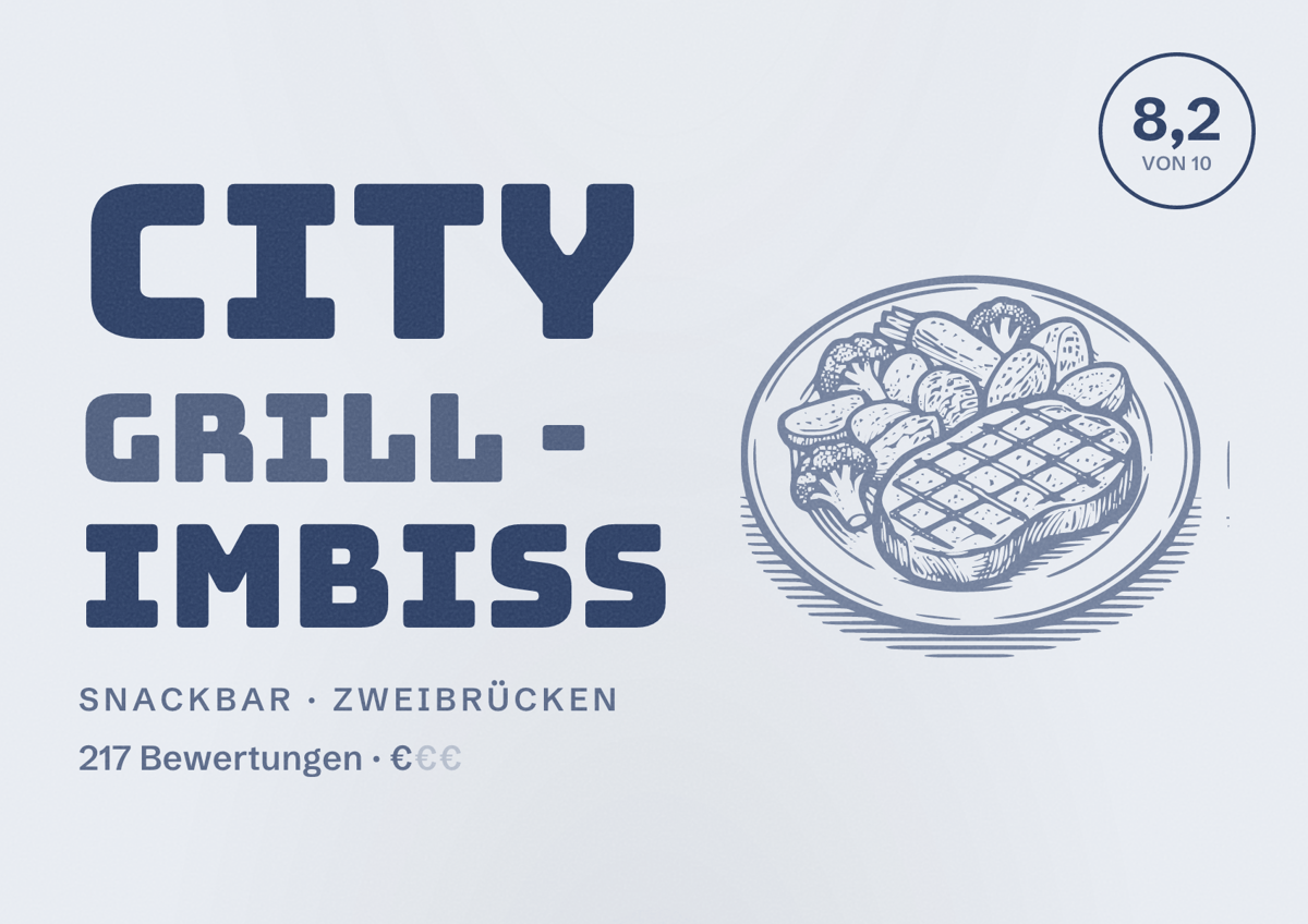 Illustriertes Poster von City Grill - Imbiss, Snackbar in Zweibrücken: Bewertung 8,2 von 10 aus 217 Bewertungen, Preisniveau €