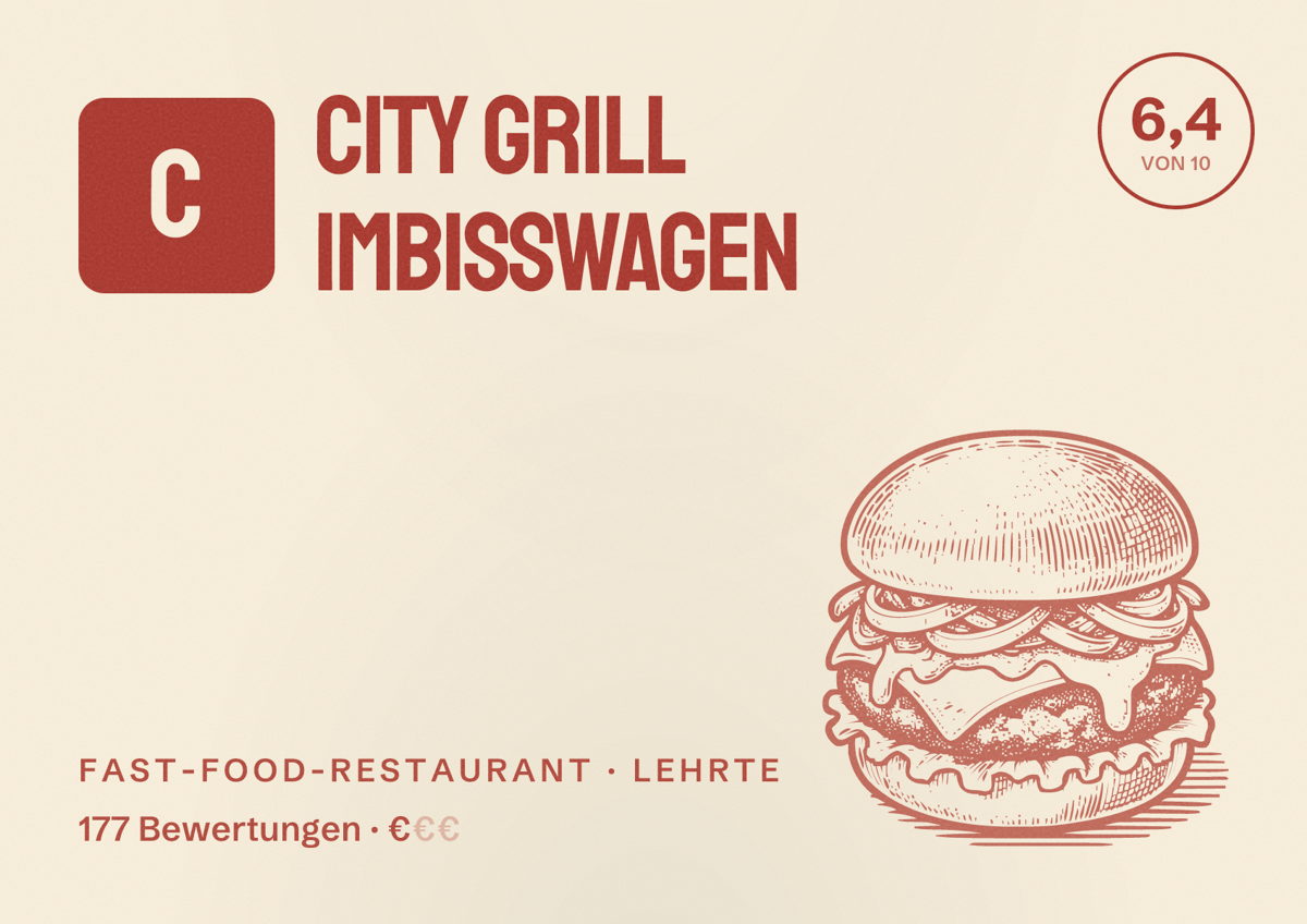 Illustriertes Poster von City Grill Imbisswagen, Fast-Food-Restaurant in Lehrte: Bewertung 6,4 von 10 aus 177 Bewertungen, Preisniveau €