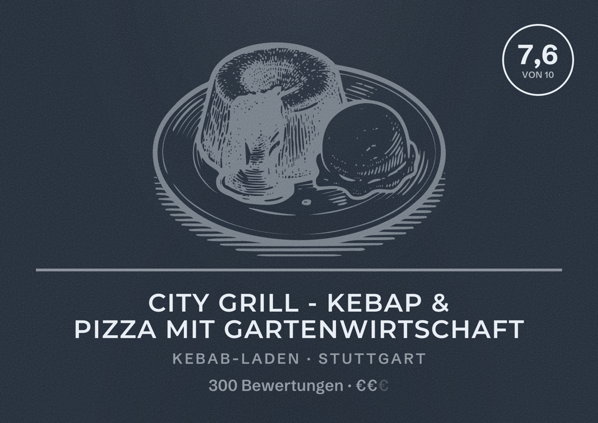 Illustriertes Poster von City Grill - Kebap & Pizza mit Gartenwirtschaft, Kebab-Laden in Stuttgart: Bewertung 7,6 von 10 aus 300 Bewertungen, Preisniveau €€