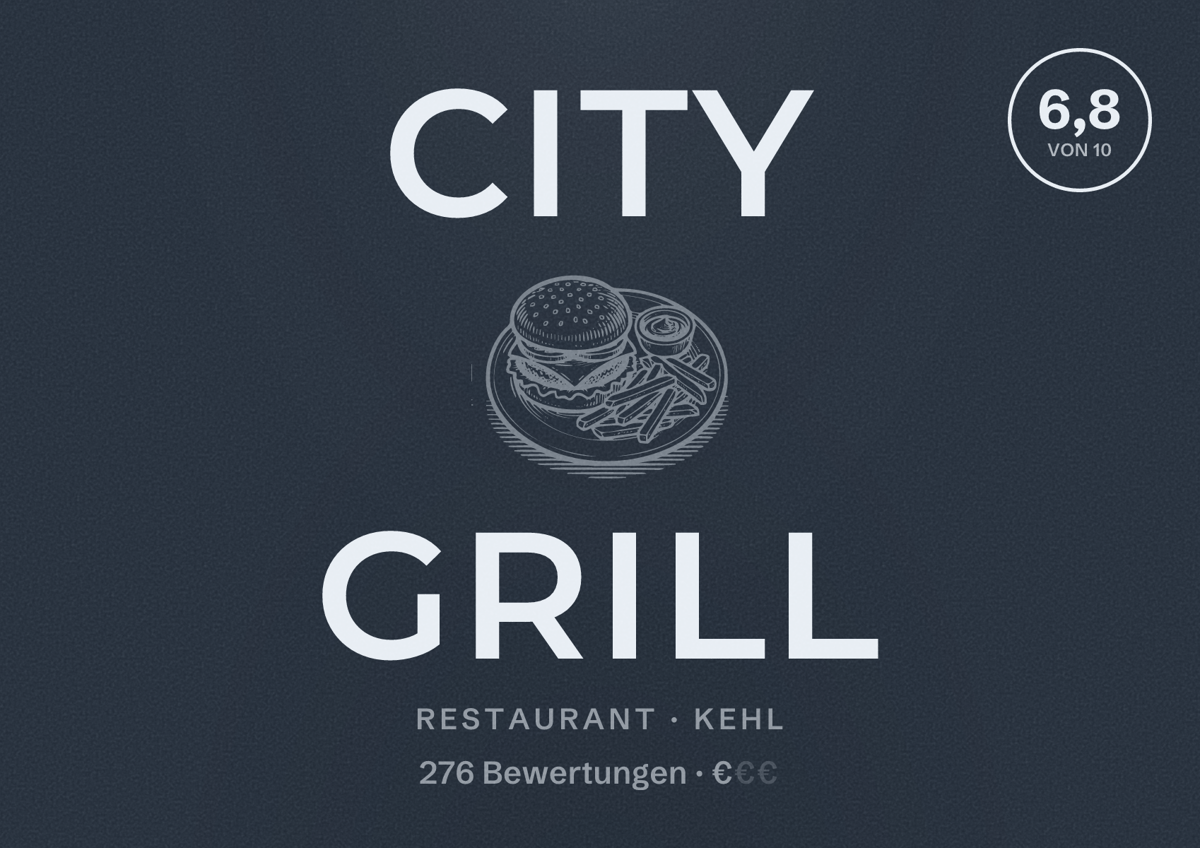 Illustriertes Poster von City Grill, Restaurant in Kehl: Bewertung 6,8 von 10 aus 276 Bewertungen, Preisniveau €