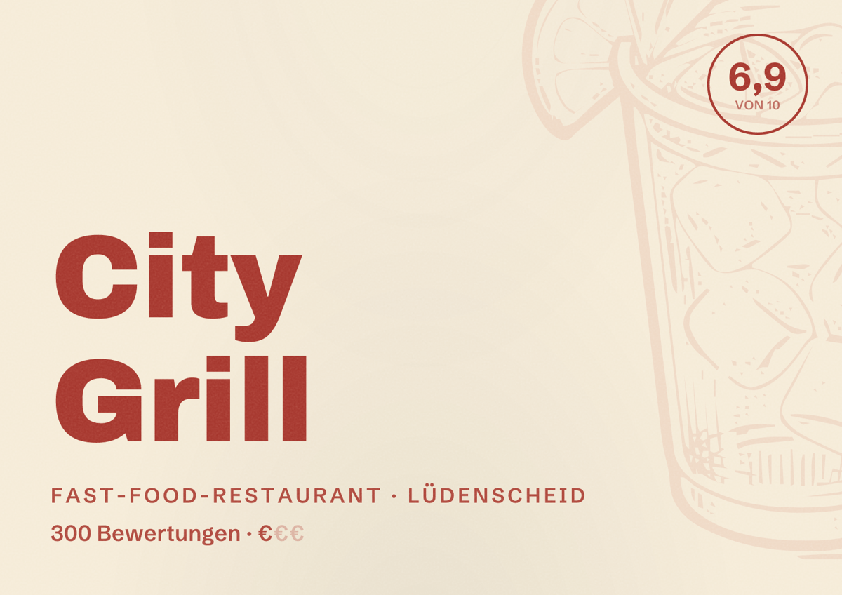 Illustriertes Poster von City Grill, Fast-Food-Restaurant in Lüdenscheid: Bewertung 6,9 von 10 aus 300 Bewertungen, Preisniveau €