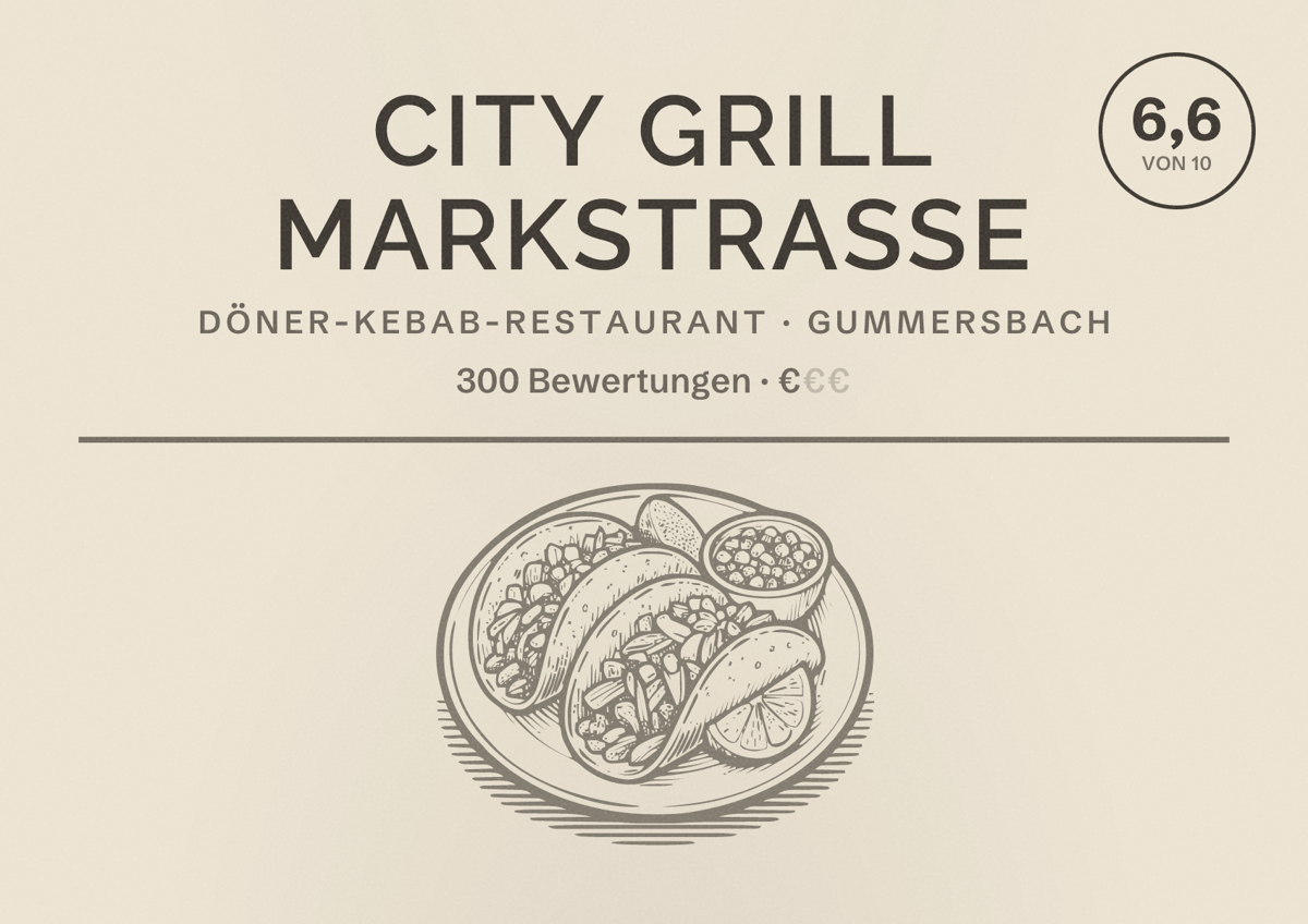 Illustriertes Poster von CITY GRILL MARKSTRASSE, Döner-Kebab-Restaurant in Gummersbach: Bewertung 6,6 von 10 aus 300 Bewertungen, Preisniveau €