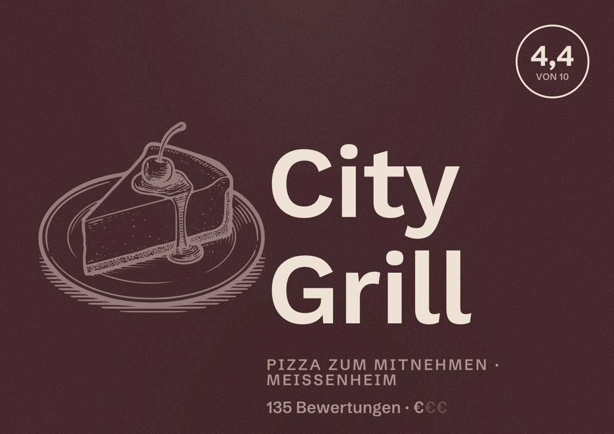 Illustriertes Poster von City Grill, Pizza zum Mitnehmen in Meißenheim: Bewertung 4,4 von 10 aus 135 Bewertungen, Preisniveau €
