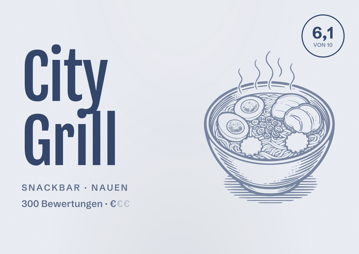 Illustriertes Poster von City Grill, Snackbar in Nauen: Bewertung 6,1 von 10 aus 300 Bewertungen, Preisniveau €