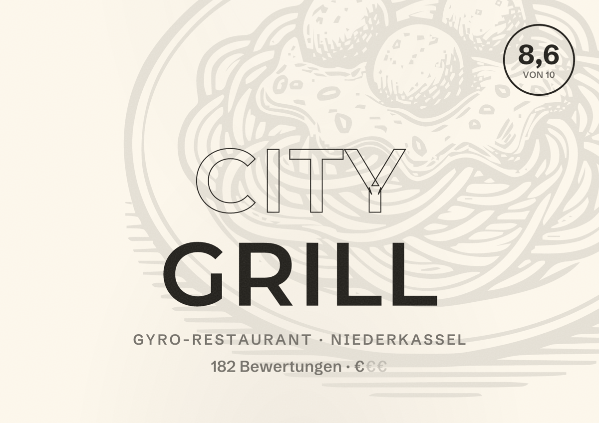 Illustriertes Poster von City Grill, Gyro-Restaurant in Niederkassel: Bewertung 8,6 von 10 aus 182 Bewertungen, Preisniveau €