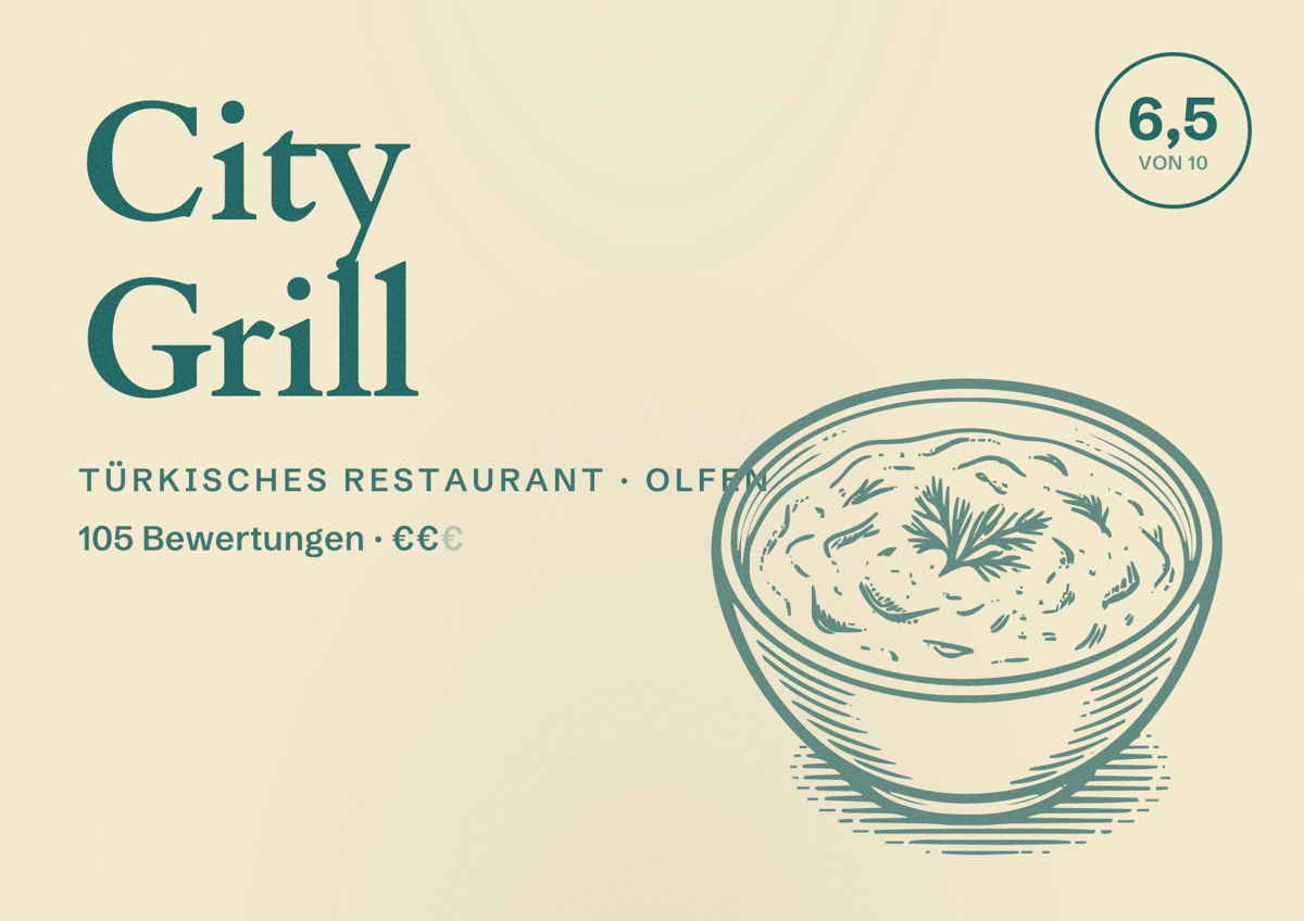 Illustriertes Poster von City Grill, Türkisches Restaurant in Olfen: Bewertung 6,5 von 10 aus 105 Bewertungen, Preisniveau €€