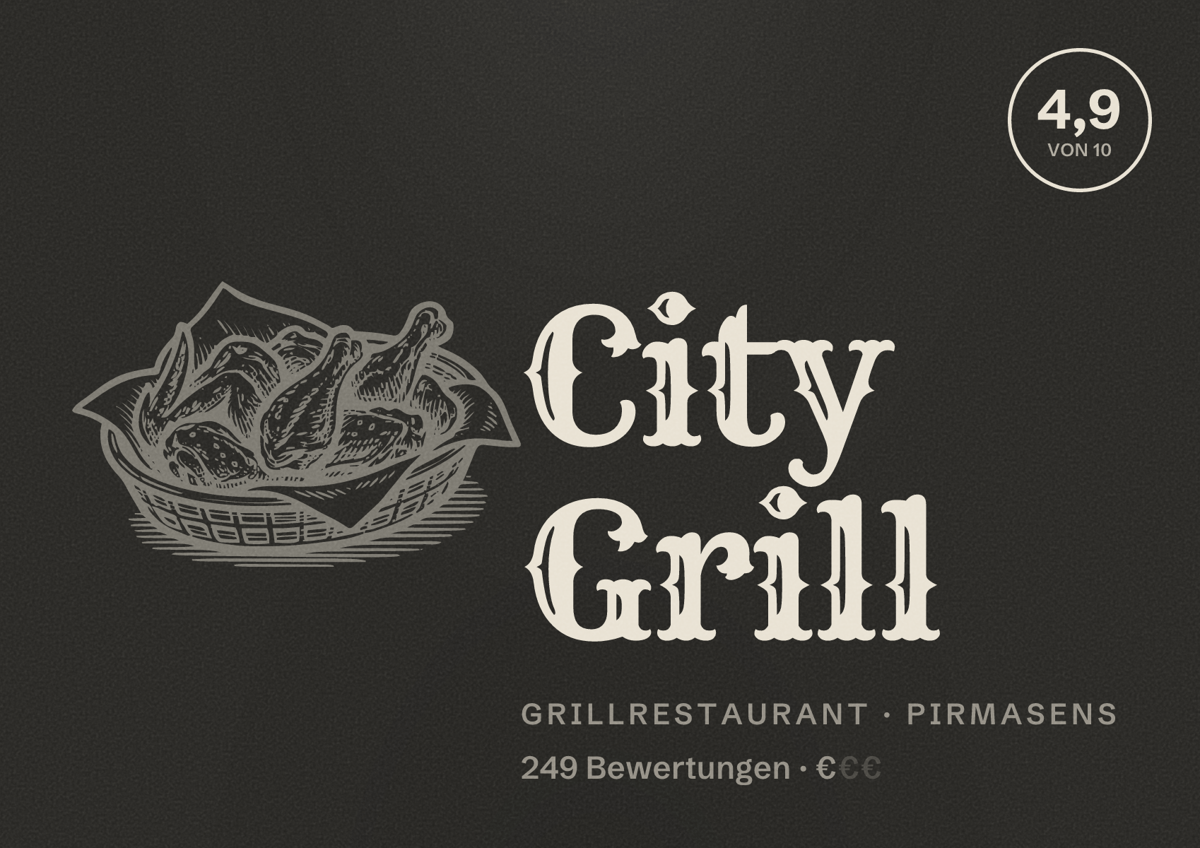 Illustriertes Poster von City Grill, Grillrestaurant in Pirmasens: Bewertung 4,9 von 10 aus 249 Bewertungen, Preisniveau €