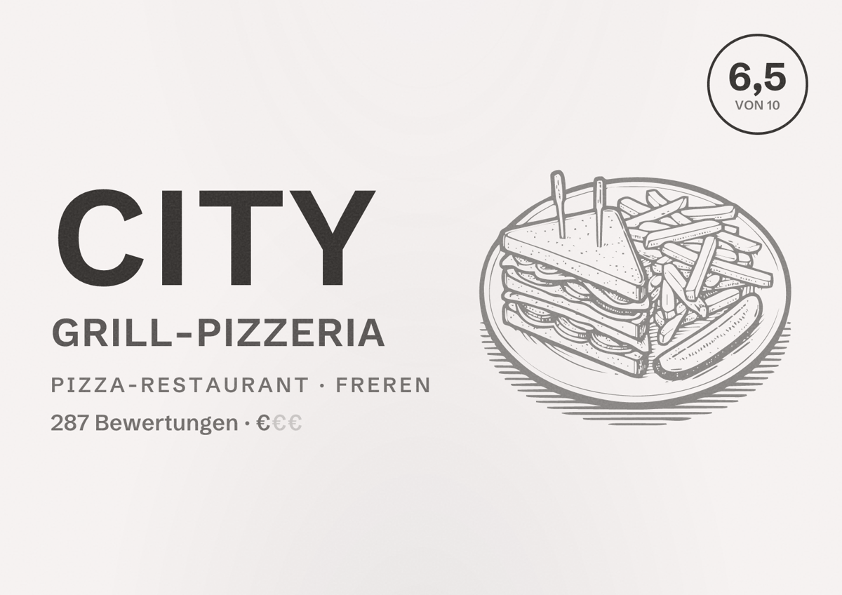 Illustriertes Poster von City Grill-Pizzeria, Pizza-Restaurant in Freren: Bewertung 6,5 von 10 aus 287 Bewertungen, Preisniveau €