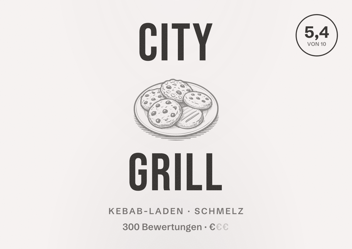 Illustriertes Poster von City Grill, Kebab-Laden in Schmelz: Bewertung 5,4 von 10 aus 300 Bewertungen, Preisniveau €
