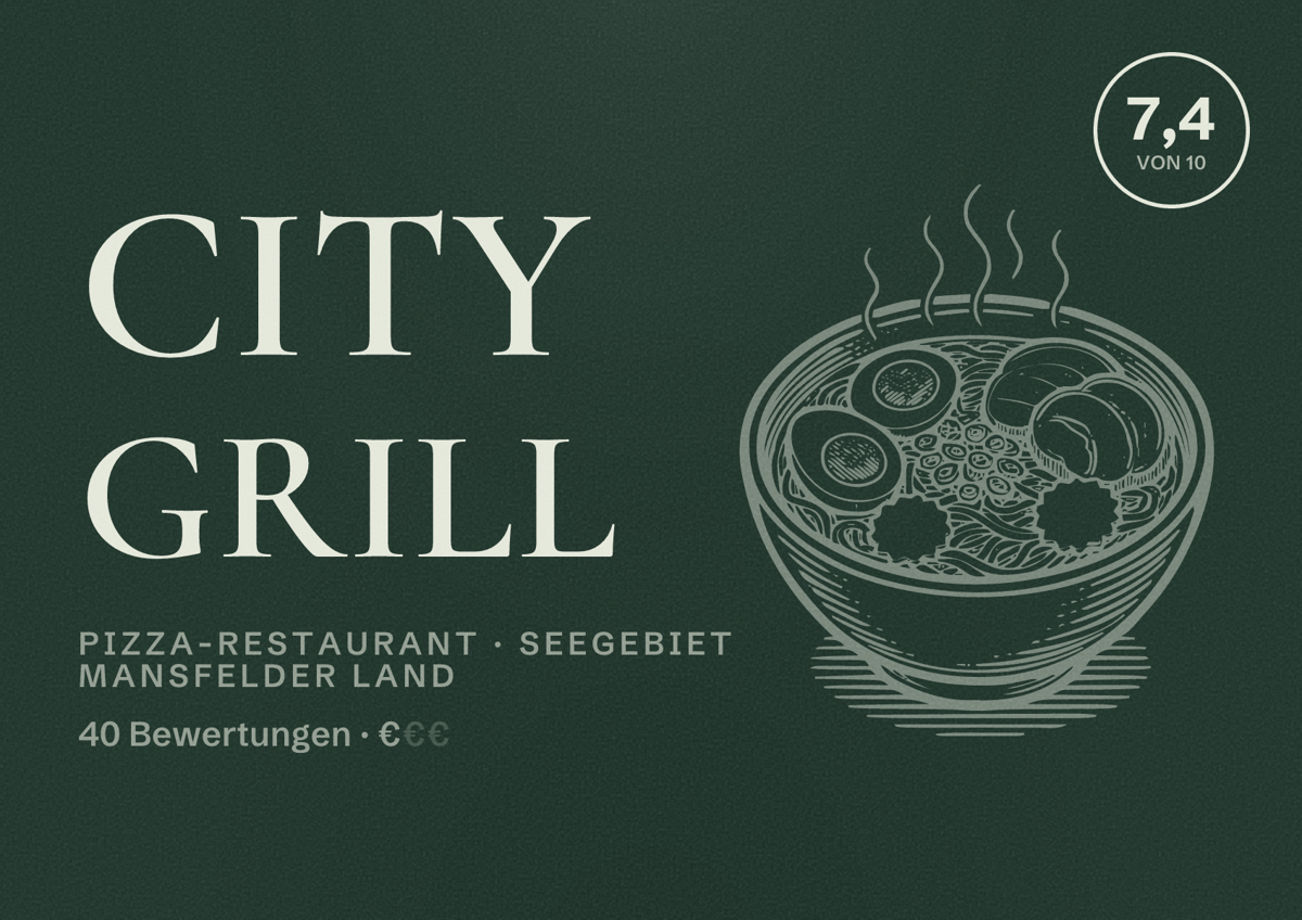 Illustriertes Poster von City Grill, Pizza-Restaurant in Seegebiet Mansfelder Land: Bewertung 7,4 von 10 aus 40 Bewertungen, Preisniveau €