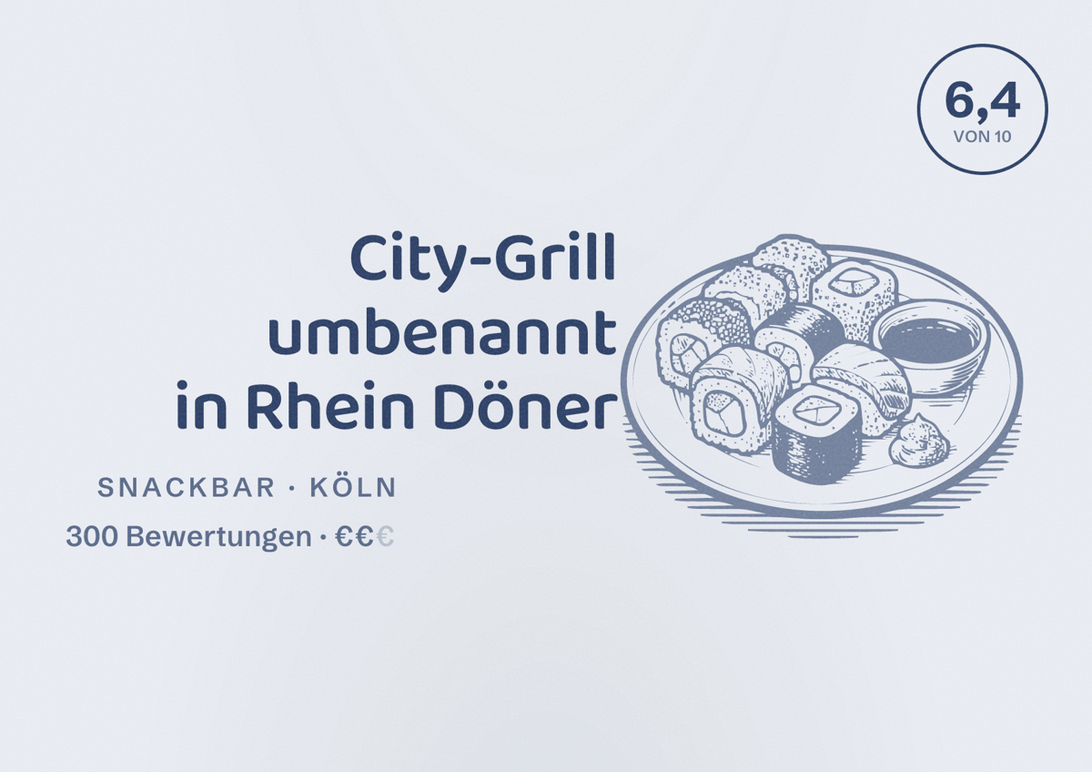 Illustriertes Poster von City-Grill umbenannt in Rhein Döner, Snackbar in Köln: Bewertung 6,4 von 10 aus 300 Bewertungen, Preisniveau €€