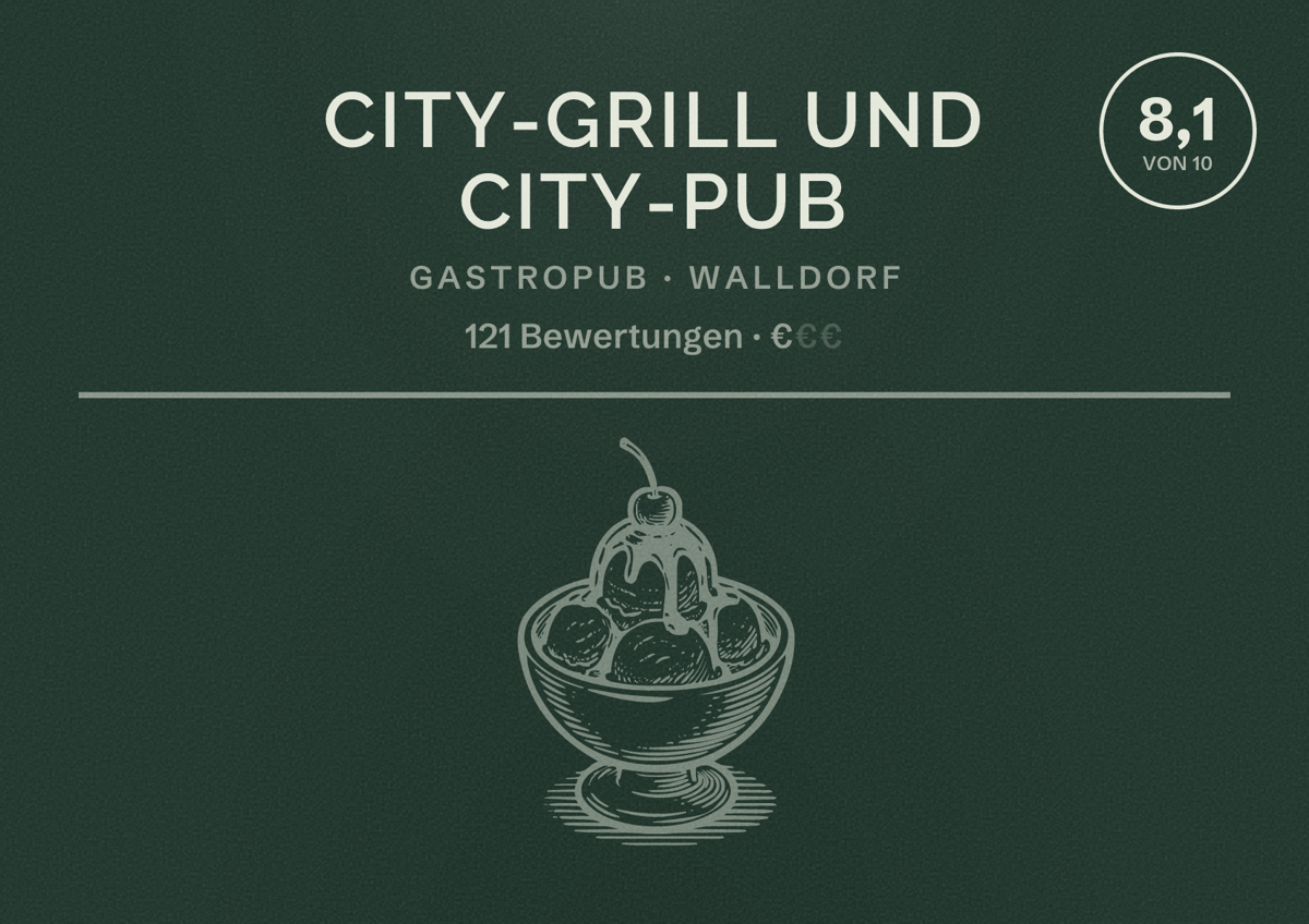Illustriertes Poster von City-Grill und City-Pub, Gastropub in Walldorf: Bewertung 8,1 von 10 aus 121 Bewertungen, Preisniveau €