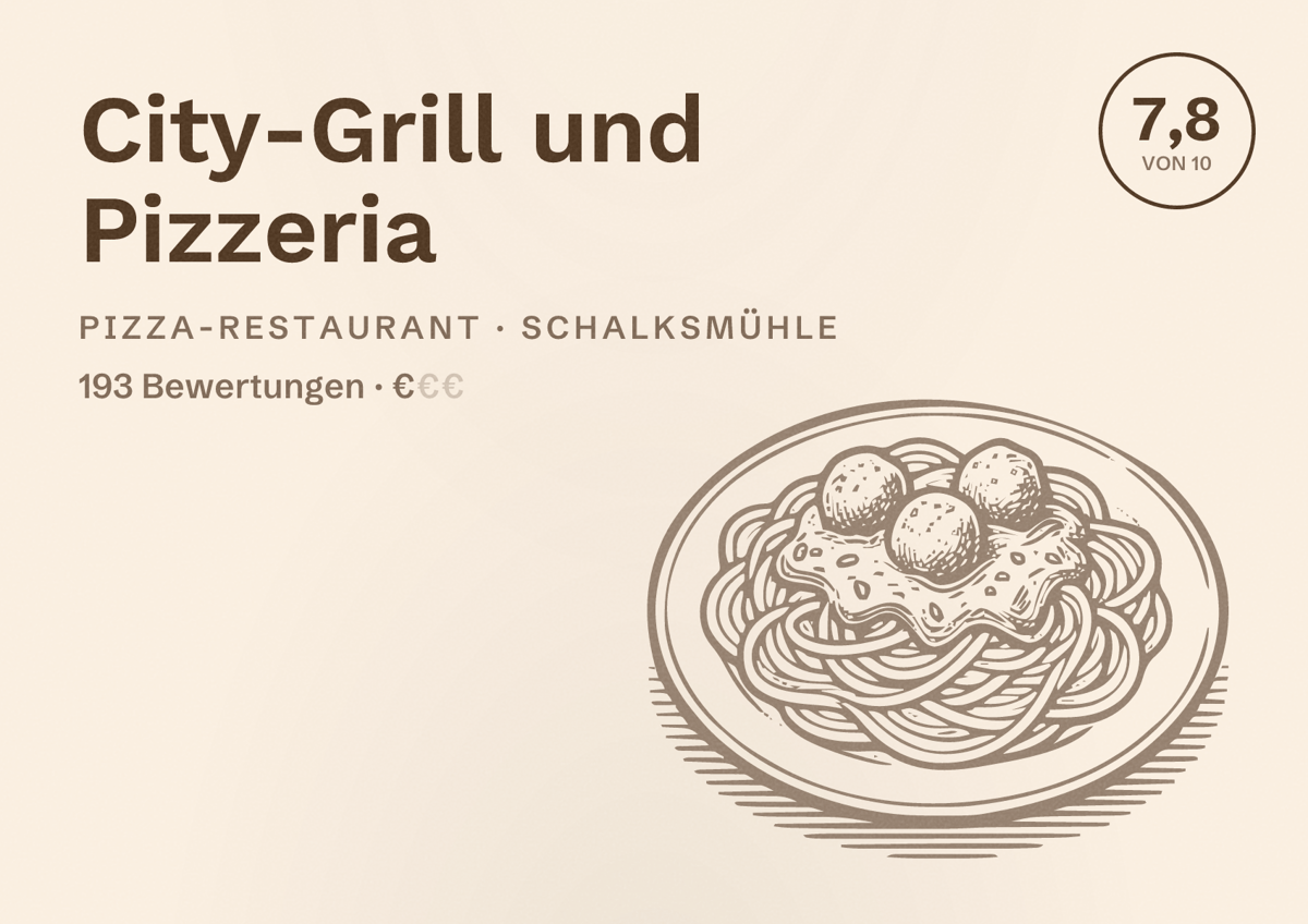 Illustriertes Poster von City-Grill und Pizzeria, Pizza-Restaurant in Schalksmühle: Bewertung 7,8 von 10 aus 193 Bewertungen, Preisniveau €