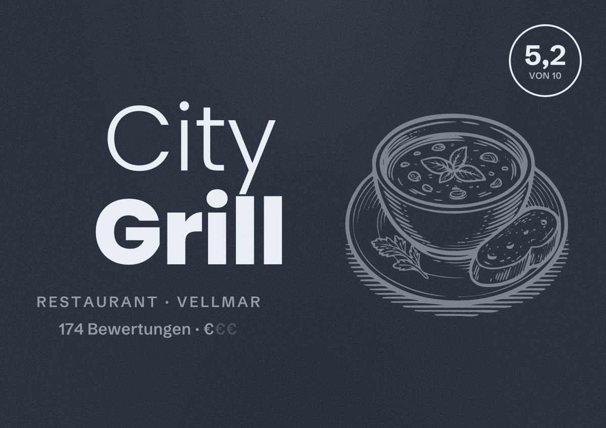 Illustriertes Poster von City Grill, Restaurant in Vellmar: Bewertung 5,2 von 10 aus 174 Bewertungen, Preisniveau €