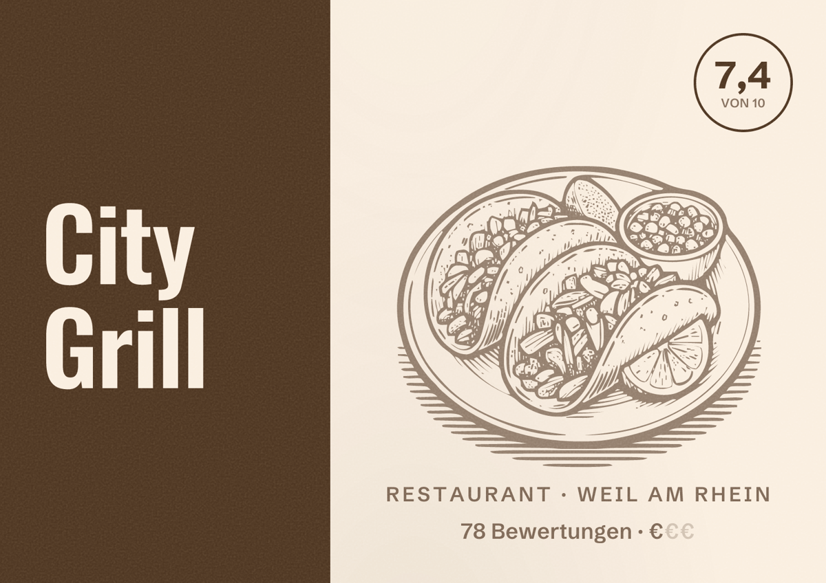 Illustriertes Poster von City Grill, Restaurant in Weil am Rhein: Bewertung 7,4 von 10 aus 78 Bewertungen, Preisniveau €