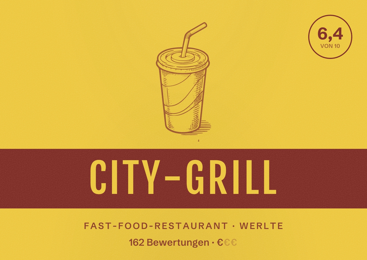 Illustriertes Poster von City-Grill, Fast-Food-Restaurant in Werlte: Bewertung 6,4 von 10 aus 162 Bewertungen, Preisniveau €