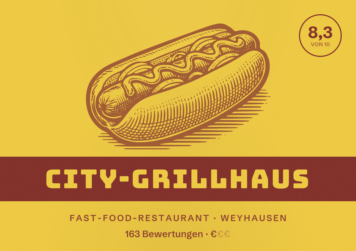Illustriertes Poster von City-Grillhaus, Fast-Food-Restaurant in Weyhausen: Bewertung 8,3 von 10 aus 163 Bewertungen, Preisniveau €