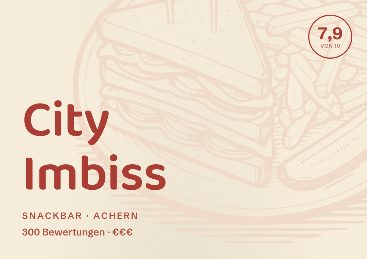 Illustriertes Poster von City Imbiss, Snackbar in Achern: Bewertung 7,9 von 10 aus 300 Bewertungen, Preisniveau €€€