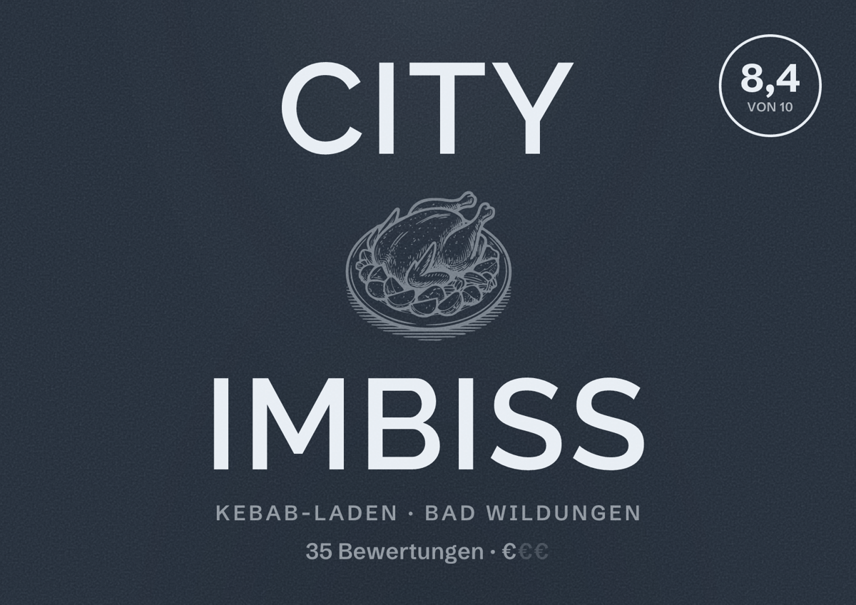 Illustriertes Poster von City Imbiss, Kebab-Laden in Bad Wildungen: Bewertung 8,4 von 10 aus 35 Bewertungen, Preisniveau €