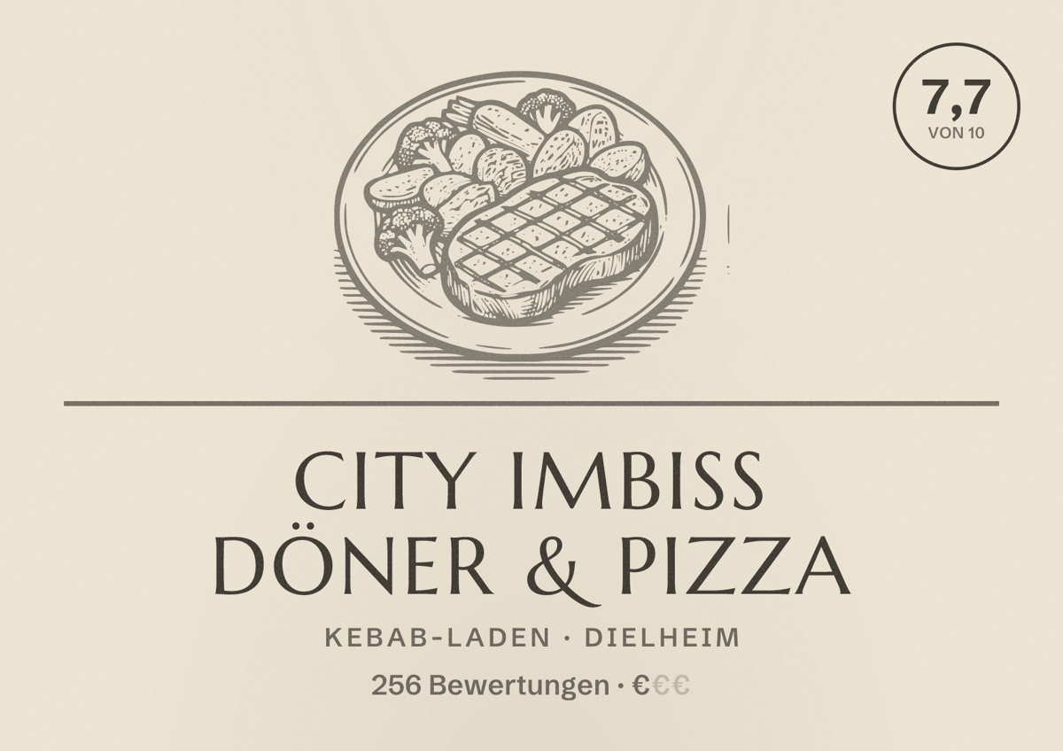 Illustriertes Poster von City Imbiss Döner & Pizza, Kebab-Laden in Dielheim: Bewertung 7,7 von 10 aus 256 Bewertungen, Preisniveau €