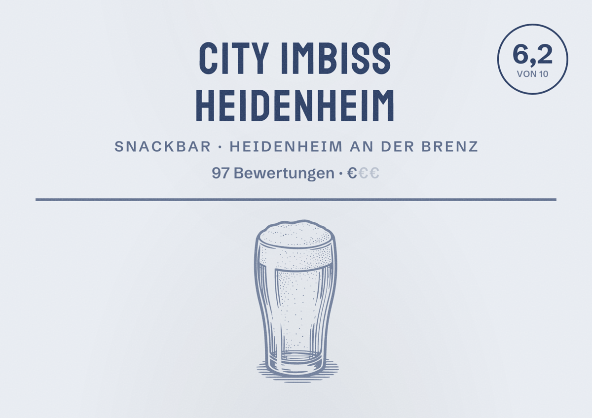 Illustriertes Poster von City Imbiss Heidenheim, Snackbar in Heidenheim an der Brenz: Bewertung 6,2 von 10 aus 97 Bewertungen, Preisniveau €