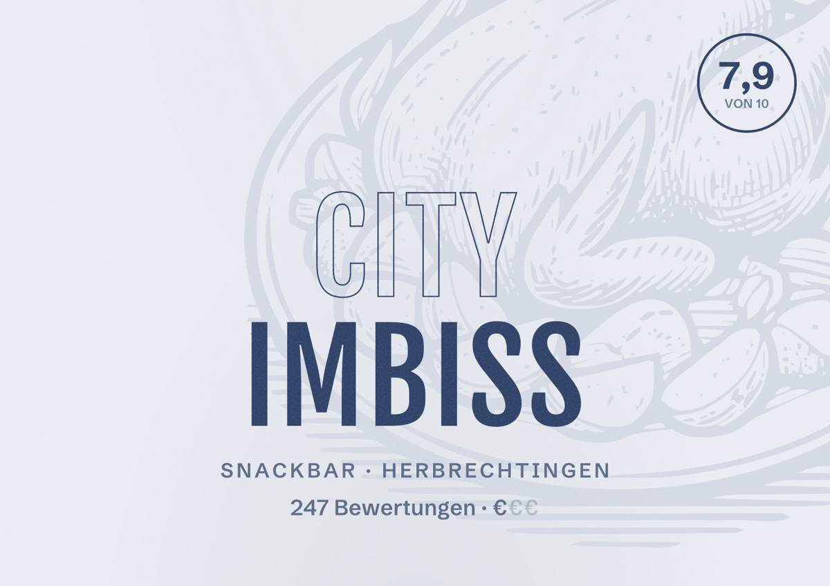 Illustriertes Poster von City Imbiss, Snackbar in Herbrechtingen: Bewertung 7,9 von 10 aus 247 Bewertungen, Preisniveau €