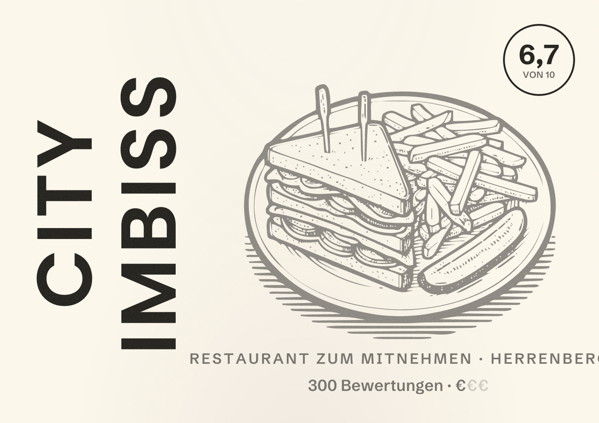 Illustriertes Poster von City Imbiss, Restaurant zum Mitnehmen in Herrenberg: Bewertung 6,7 von 10 aus 300 Bewertungen, Preisniveau €