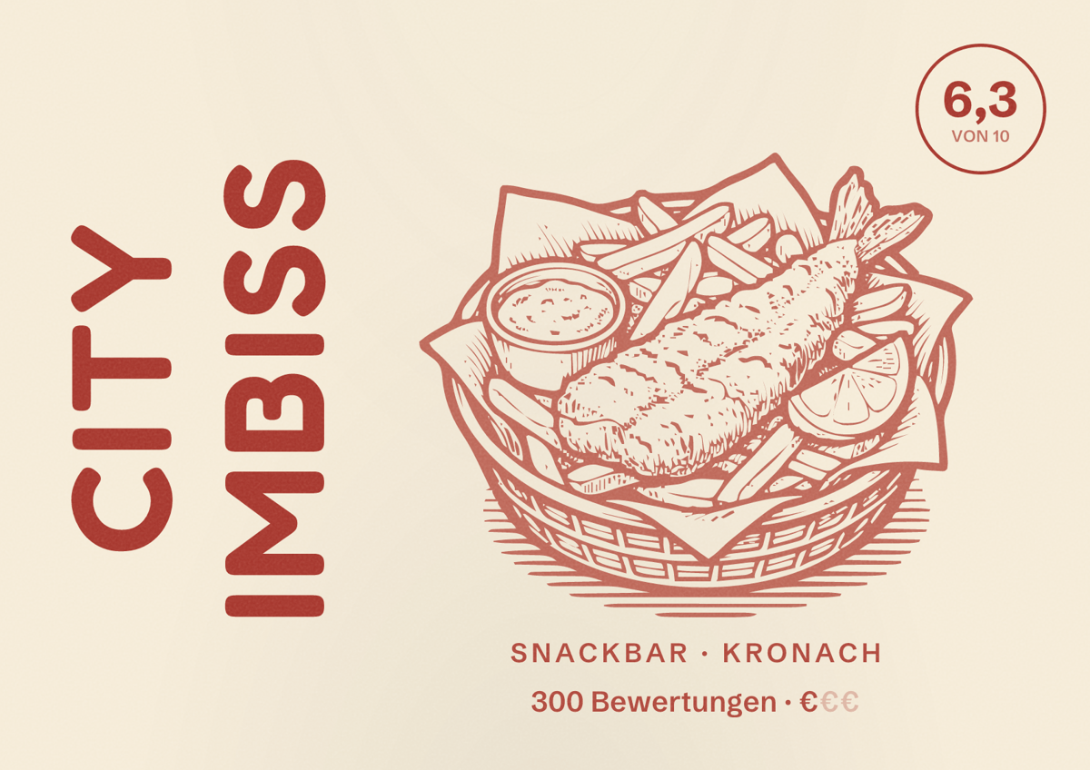 Illustriertes Poster von City Imbiss, Snackbar in Kronach: Bewertung 6,3 von 10 aus 300 Bewertungen, Preisniveau €