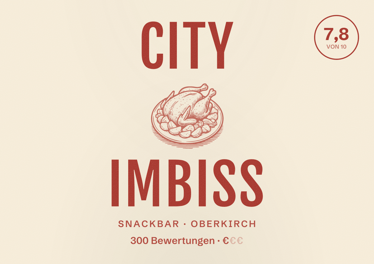 Illustriertes Poster von City Imbiss, Snackbar in Oberkirch: Bewertung 7,8 von 10 aus 300 Bewertungen, Preisniveau €