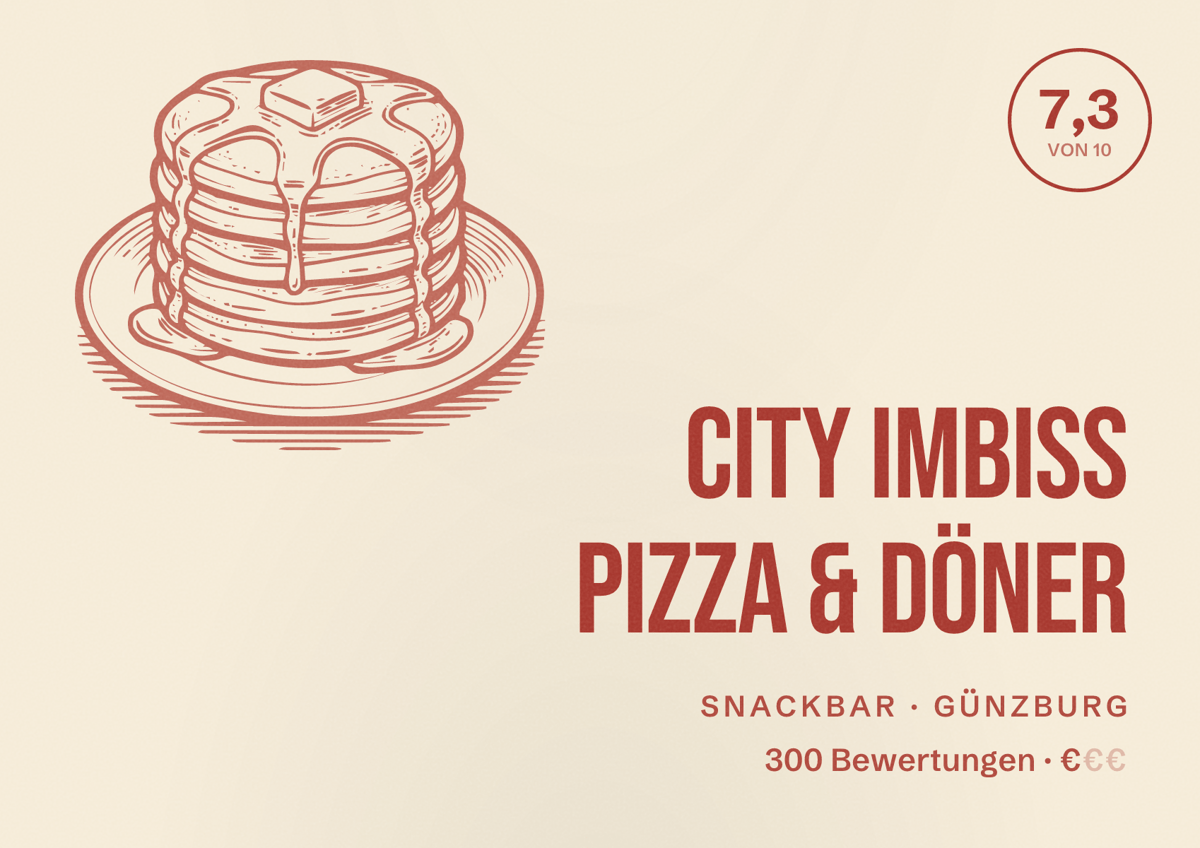 Illustriertes Poster von City Imbiss Pizza & Döner, Snackbar in Günzburg: Bewertung 7,3 von 10 aus 300 Bewertungen, Preisniveau €