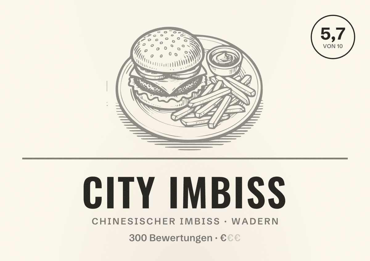 Illustriertes Poster von City Imbiss, Chinesischer Imbiss in Wadern: Bewertung 5,7 von 10 aus 300 Bewertungen, Preisniveau €