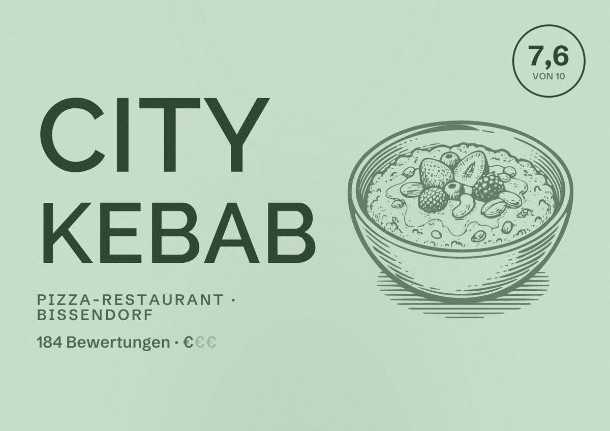 Illustriertes Poster von City Kebab, Pizza-Restaurant in Bissendorf: Bewertung 7,6 von 10 aus 184 Bewertungen, Preisniveau €