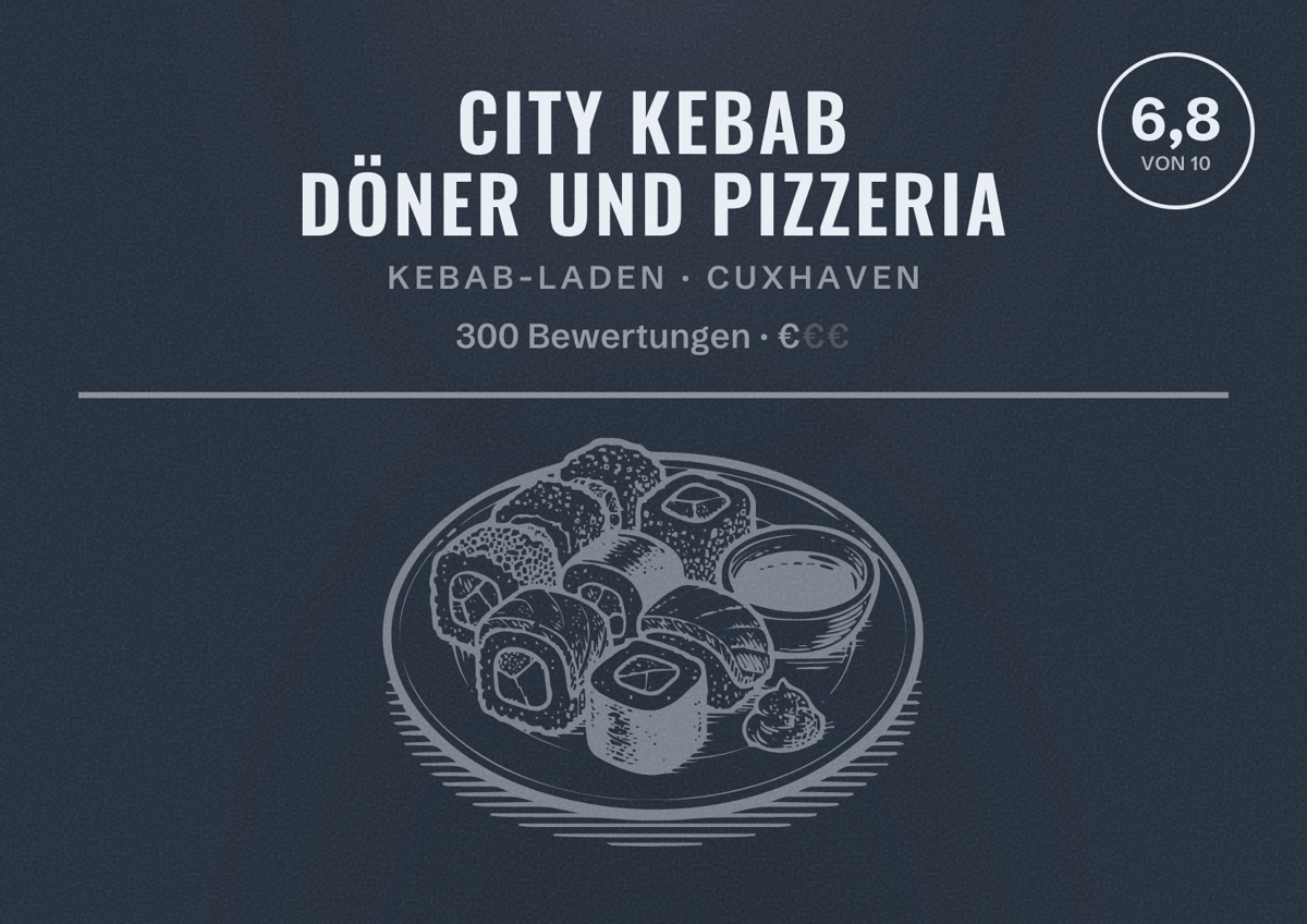 Illustriertes Poster von City Kebab Döner und Pizzeria, Kebab-Laden in Cuxhaven: Bewertung 6,8 von 10 aus 300 Bewertungen, Preisniveau €