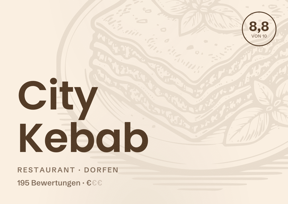 Illustriertes Poster von City Kebab, Restaurant in Dorfen: Bewertung 8,8 von 10 aus 195 Bewertungen, Preisniveau €
