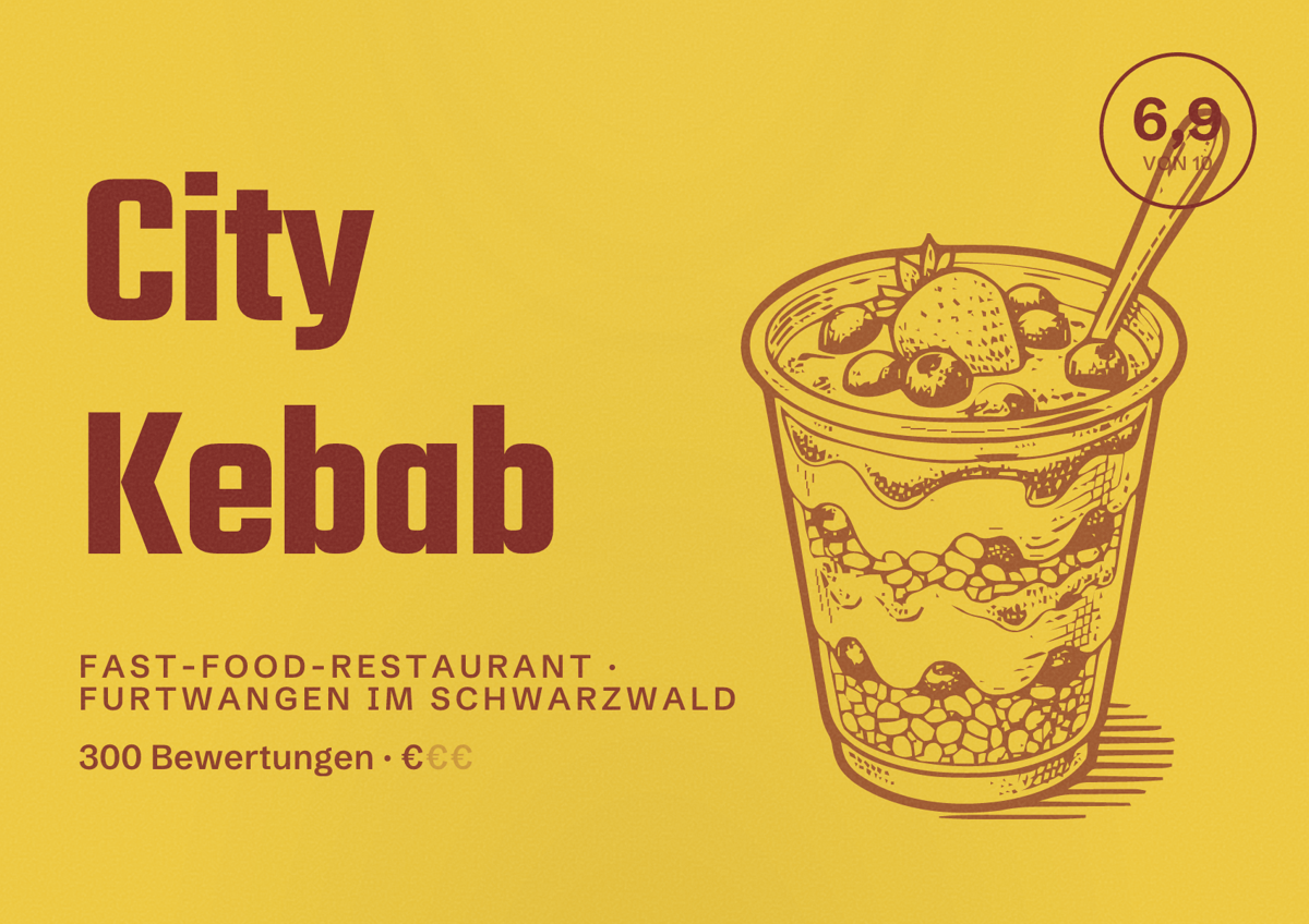 Illustriertes Poster von City Kebab, Fast-Food-Restaurant in Furtwangen im Schwarzwald: Bewertung 6,9 von 10 aus 300 Bewertungen, Preisniveau €
