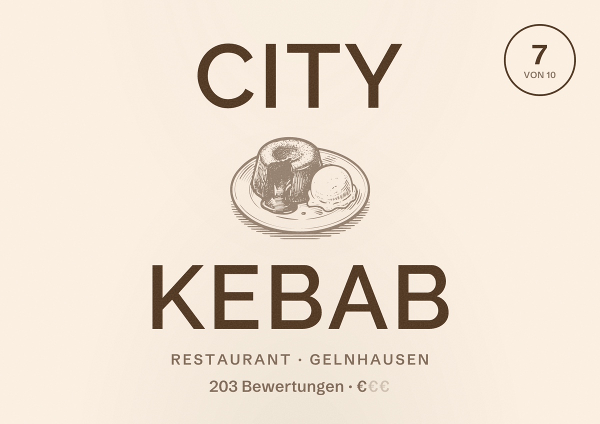 Illustriertes Poster von City Kebab, Restaurant in Gelnhausen: Bewertung 7 von 10 aus 203 Bewertungen, Preisniveau €