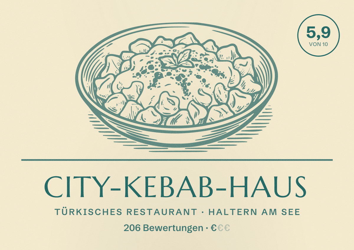 Illustriertes Poster von City-Kebab-Haus, Türkisches Restaurant in Haltern am See: Bewertung 5,9 von 10 aus 206 Bewertungen, Preisniveau €