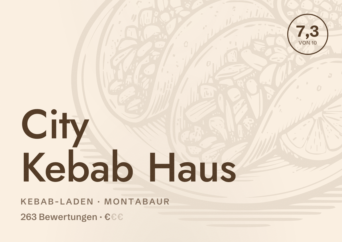 Illustriertes Poster von City Kebab Haus, Kebab-Laden in Montabaur: Bewertung 7,3 von 10 aus 263 Bewertungen, Preisniveau €
