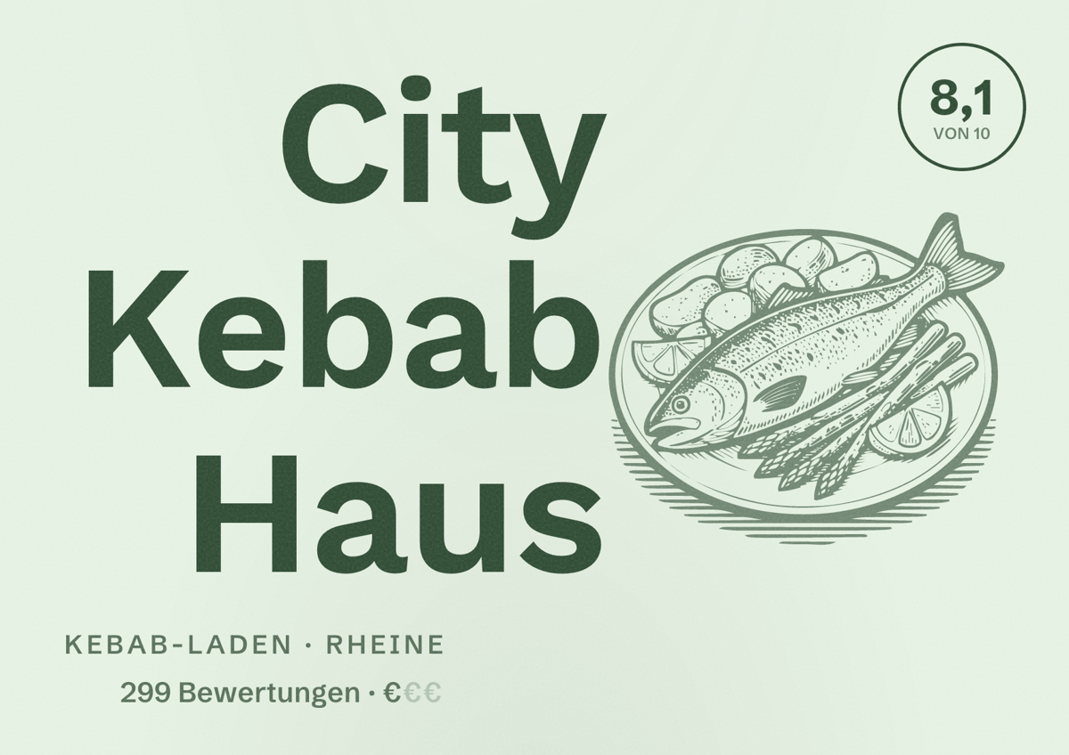 Illustriertes Poster von City Kebab Haus, Kebab-Laden in Rheine: Bewertung 8,1 von 10 aus 299 Bewertungen, Preisniveau €