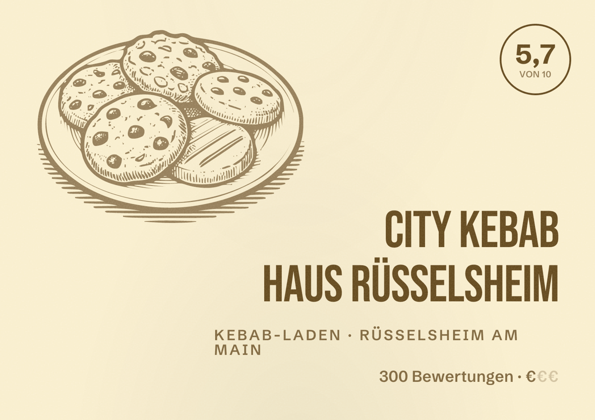 Illustriertes Poster von City Kebab Haus Rüsselsheim, Kebab-Laden in Rüsselsheim am Main: Bewertung 5,7 von 10 aus 300 Bewertungen, Preisniveau €